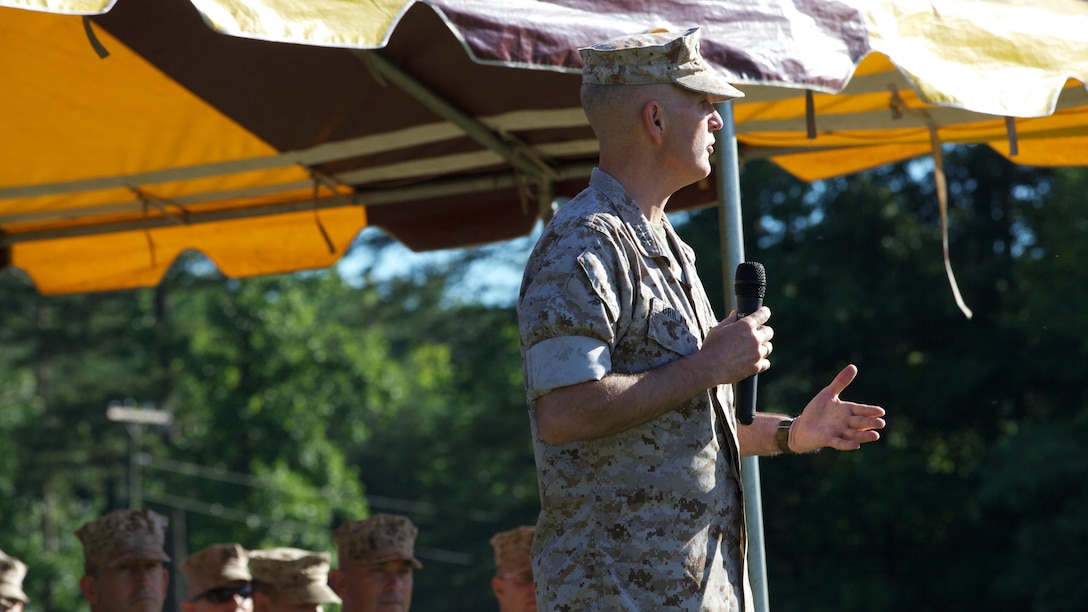 Lieutenant Gen. Mark A. Brilakis speaks during the opening ceremony of the 54th Interservice Rifle Championship matches at Marine Corps Base Quantico, Virginia, June 24, 2015. This will be the final time military competitors will be able to test their skills before the National Matches held at Camp Perry, Ohio. Lt. Gen. Brilakis is the commanding general of Marine Corps Recruiting Command and the deputy commandant, Manpower and Reserve Affairs. 