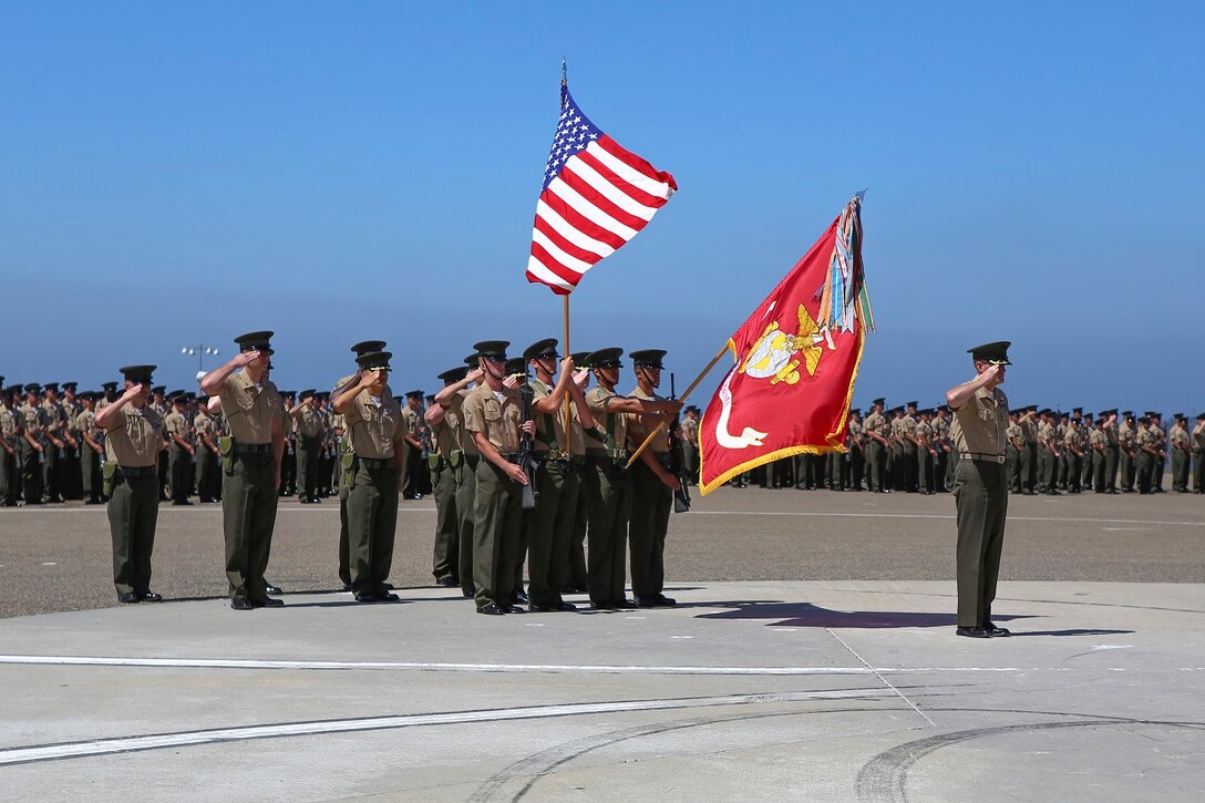 Colonel Jason Q. Bohm salutes after relinquishing his role as the commanding officer of the 5th Marine Regiment to Col. Kenneth R. Kassner aboard Marine Corps Base Camp Pendleton, Calif., June 24, 2015. Kassner most recently served as the assistant chief of staff, programming and requirements, U.S. Marine Corps Forces Special Operations Command.