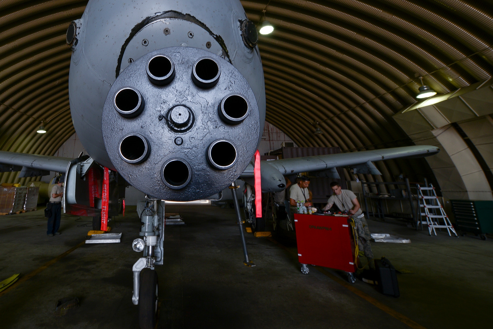 Airmen from the 25th Aircraft Maintenance Unit weapons load section install pylons on an A-10 June 22, 2015, at Osan Air Base, Republic of Korea. The weapons section of the 25th AMU is repsonsible for the maintenance and loading of various missles, pylons, and other weapons onto the base's A-10 fleet. (U.S. Air Force photo by Staff Sgt. Jake Barreiro/Released)