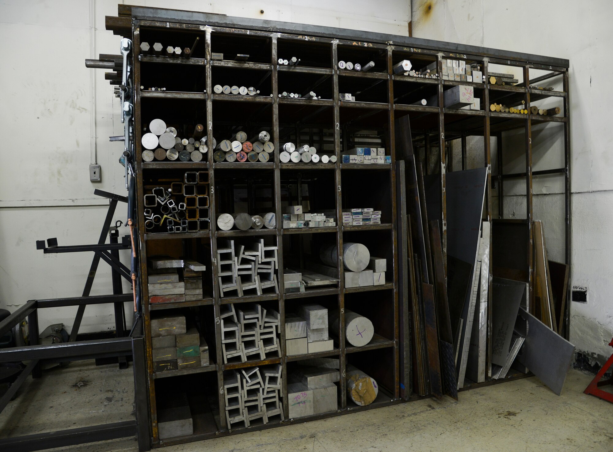 A variety of metal pieces are stored to be used for various products at Yokota Air Base, Japan, June 23, 2015. The metal technology shop works on 20 to 80 pieces of equipment each week. (U.S. Air Force photo by Senior Airman David Owsianka/Released)