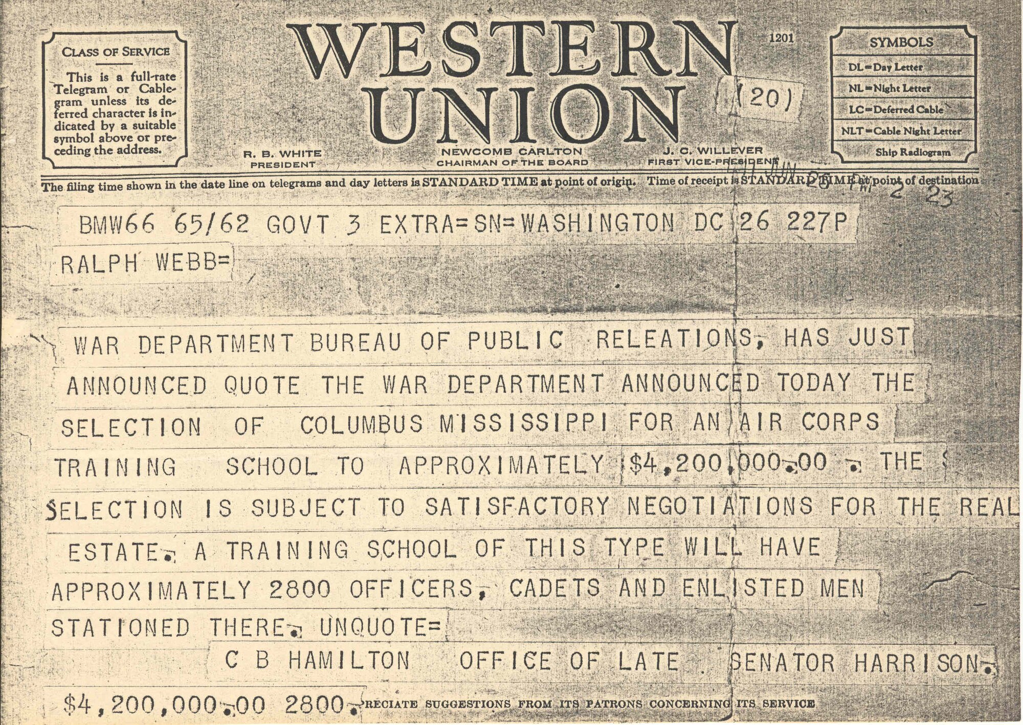 This telegram is the official document stating a new $4.2 million Air Corps training school would be coming to Columbus, Mississippi. The new school started with around 2,800 personnel and was charged with training military pilots. (U.S. Air Force Photo)