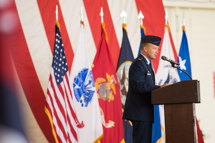 Col. Frederick D. Thaden, Joint Base McGuire-Dix-Lakehurst and 87th Air Base Wing commander, speaks after assuming command during a ceremony held June 25, 2015 at JB MDL, N.J. Thaden comes to the joint base from serving as director of Manpower, Personnel and Services at Air Mobility Command Headquarters, Scott Air Force Base, Ill. (U.S. Air Force photo by U.S. Air Force photo by Russell Meseroll)