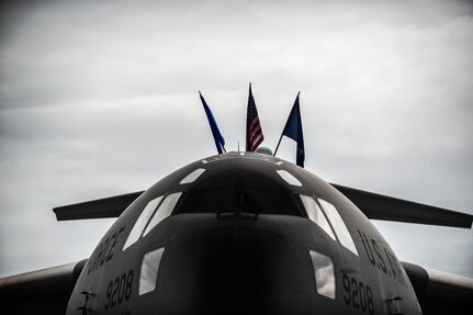 A C-17 Globemaster III is displayed during an inactivation ceremony for the 17th Airlift Squadron, June 25, 2015, at Joint Base Charleston, S.C. As part of the President’s Defense Budget for FY15, one of Charleston’s four active-duty C-17 flying squadron inactivated. The 17th AS was reactivated July 14, 1993 and was the first operational C-17 squadron. (U.S. Air Force photo/Senior Airman Jared Trimarchi) 
