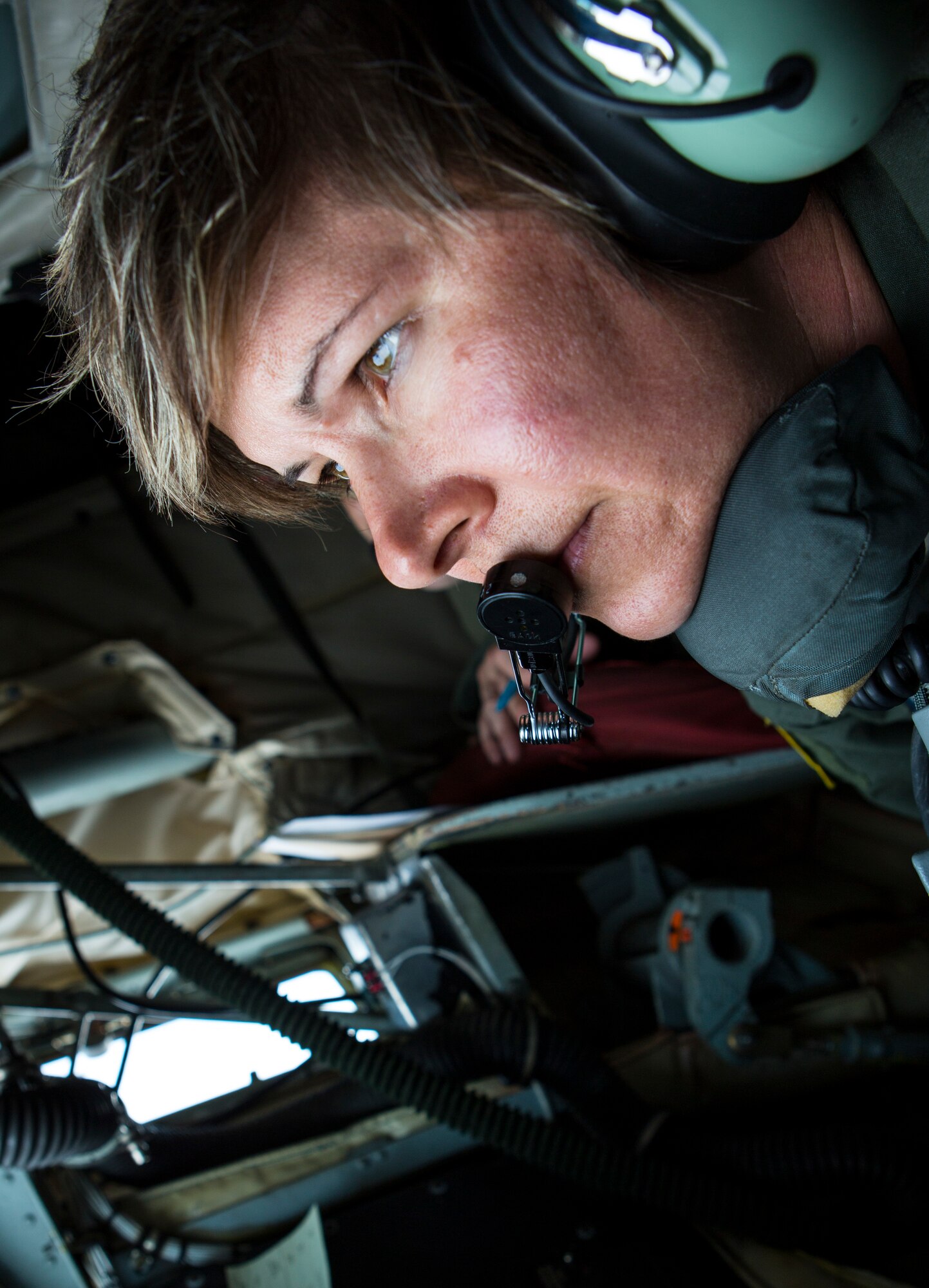 U.S. Air Force Tech Sgt. Erica Knight, 459th Air Refueling Wing, Andrews Air Force Base, Md., Air Force Reserve, aerial refueling technician, operates the refueling boom on a U.S. Air Force KC-135R Stratotanker aircraft over the Gulf of Alaska, June 22, 2015. The aerial refueling was part of a training mission during Exercise Northern Edge 15. Northern Edge is Alaska’s premier joint training exercise designed to practice operations, techniques and procedures as well as enhance interoperability among the services. Thousands of Airmen, Soldiers, Sailors, Marines and Coast Guardsmen from active duty, reserve and National Guard units are involved. (U.S. Marine Corps photo by Staff Sgt. Jeffrey D. Anderson/Released)