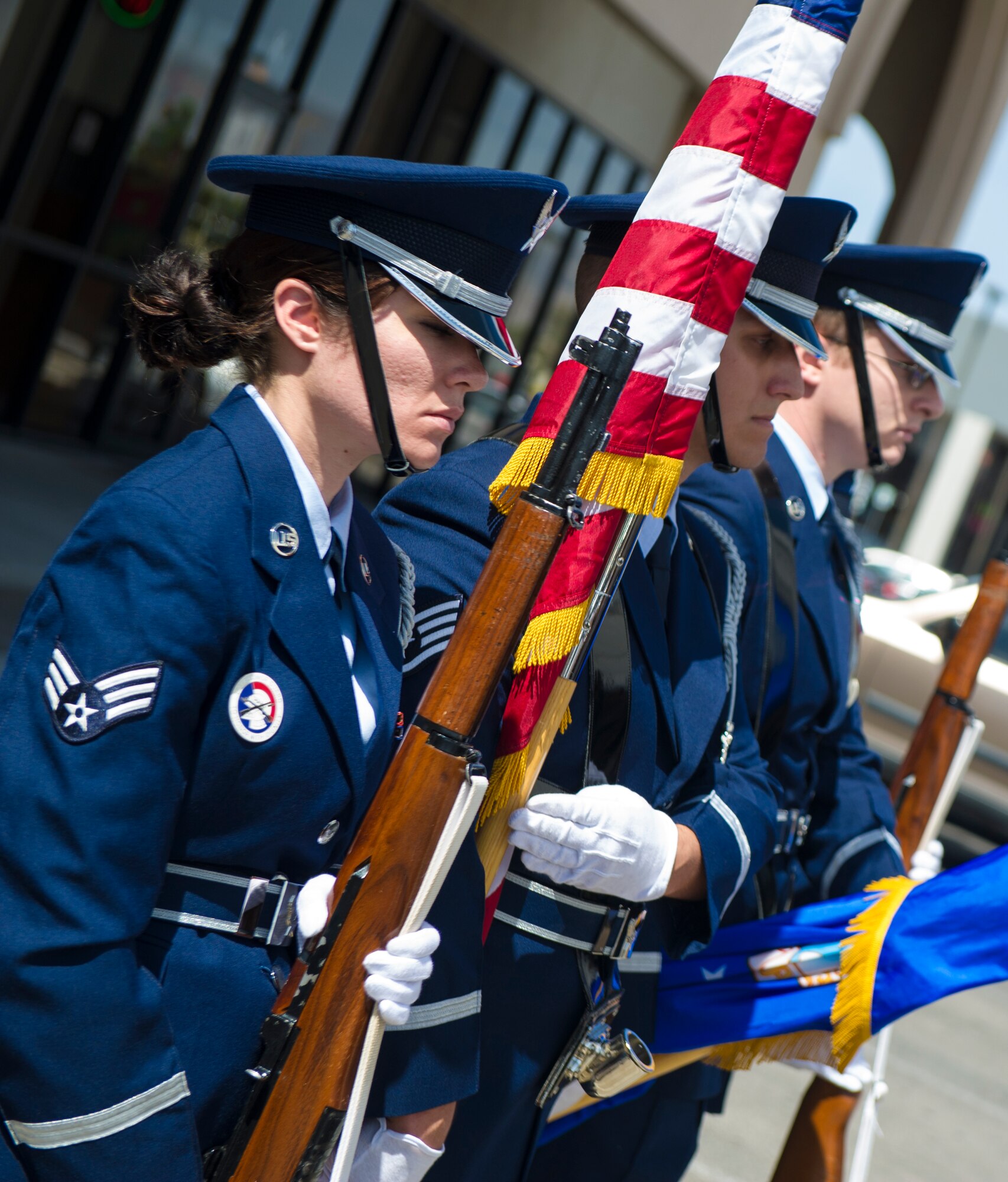 Steel Talons Honor Guard from Holloman Air Force Base, N.M. present the colors at the new Air Force recruiting center in El Paso, Texas, June 23, 2015. This grand opening was part of the Air Force’s effort to downsize the recruiting offices from over 1,100 to about 300. “The Air Force is combining recruiting offices within each sqaudron into one,” said Staff Sgt. Maura Sturgeon, recruiter with the 367th Recruiting Squadron. “This will eliminate the one-man offices, which will provide a better experience for the applicant. It will be easier for them [the applicant] to get ahold of a recruiter and it will also help us better do our job.” (U.S. Air Force photo by Airman 1st Class Emily A. Kenney/Released)