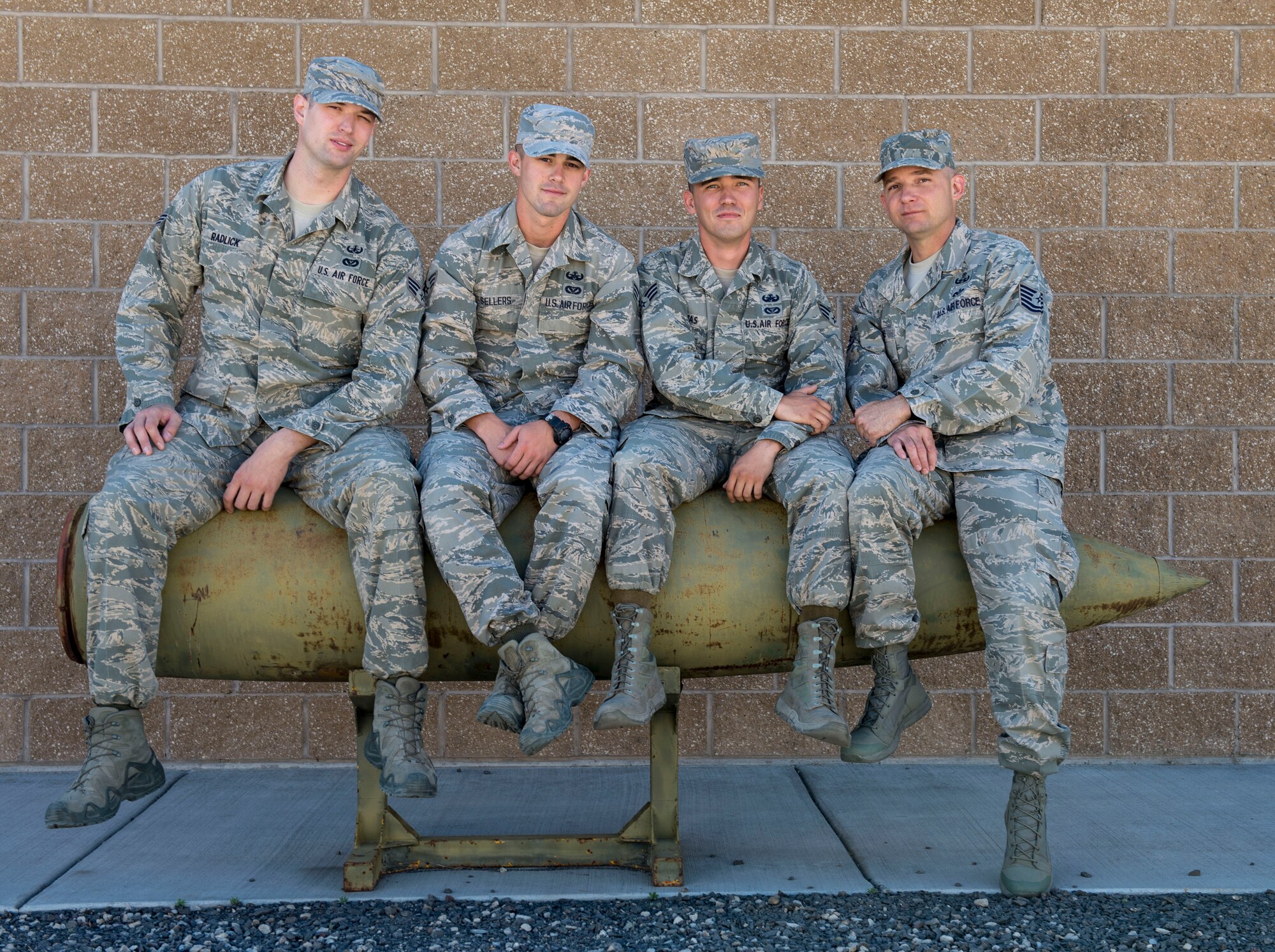 The standby Explosive Ordnance Disposal team that responded to the Cottonwood, Idaho, call on May 13, 2015, and their team chief (far right) from the 366th Civil Engineer Squadron at Mountain Home Air Force Base, Idaho, pose for a group photo. EOD credits their success not only to training but also to the teamwork and high morale they have within the shop. (U.S. Air Force photo by Airman 1st Class Jessica H. Smith/RELEASED)