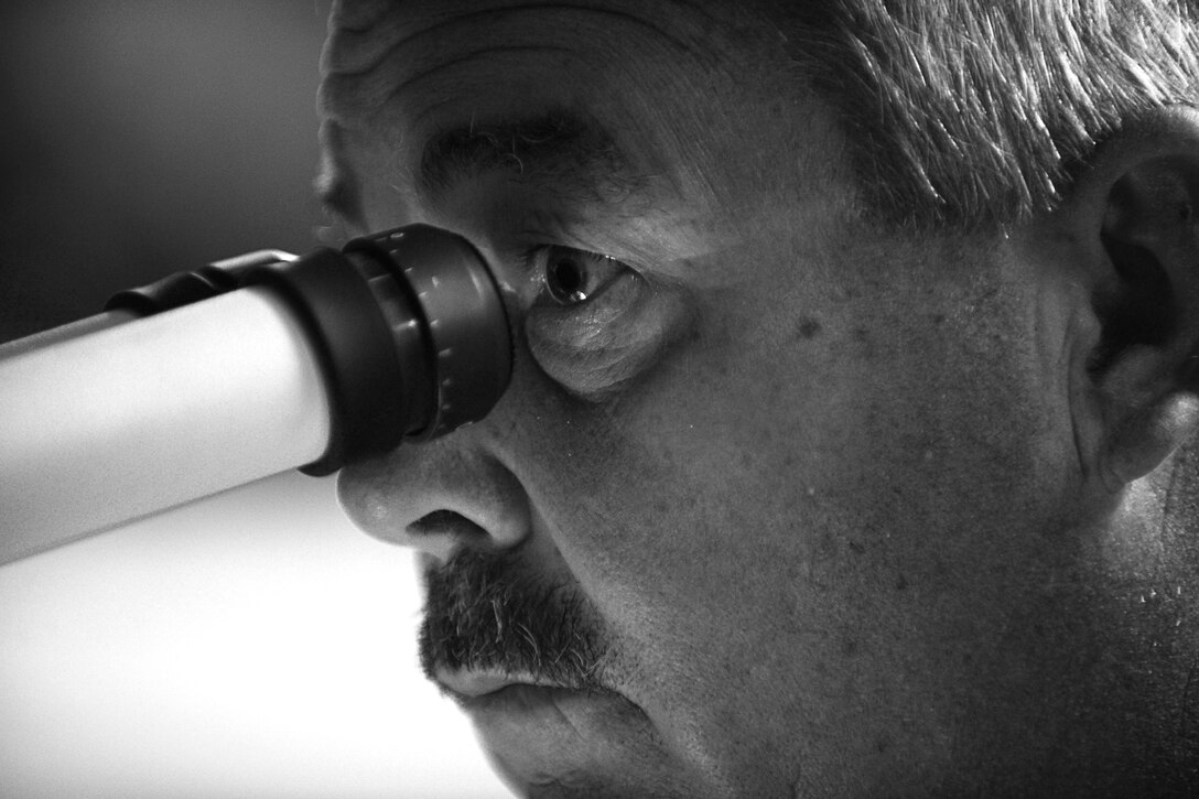 Mitchel Burcham, 633rd Civil Engineering Squadron Pest Management technician, looks through a microscope at Langley Air Force Base, Va., June 18, 2015. Burcham looks for the Culex, Aedes and Anopheles species of mosquito, because they have the potential to carry disease factors for the West Nile and Eastern equine encephalitis viruses. (U.S. Air Force photo by Airman 1st Class Devin S. Michaels/Released)