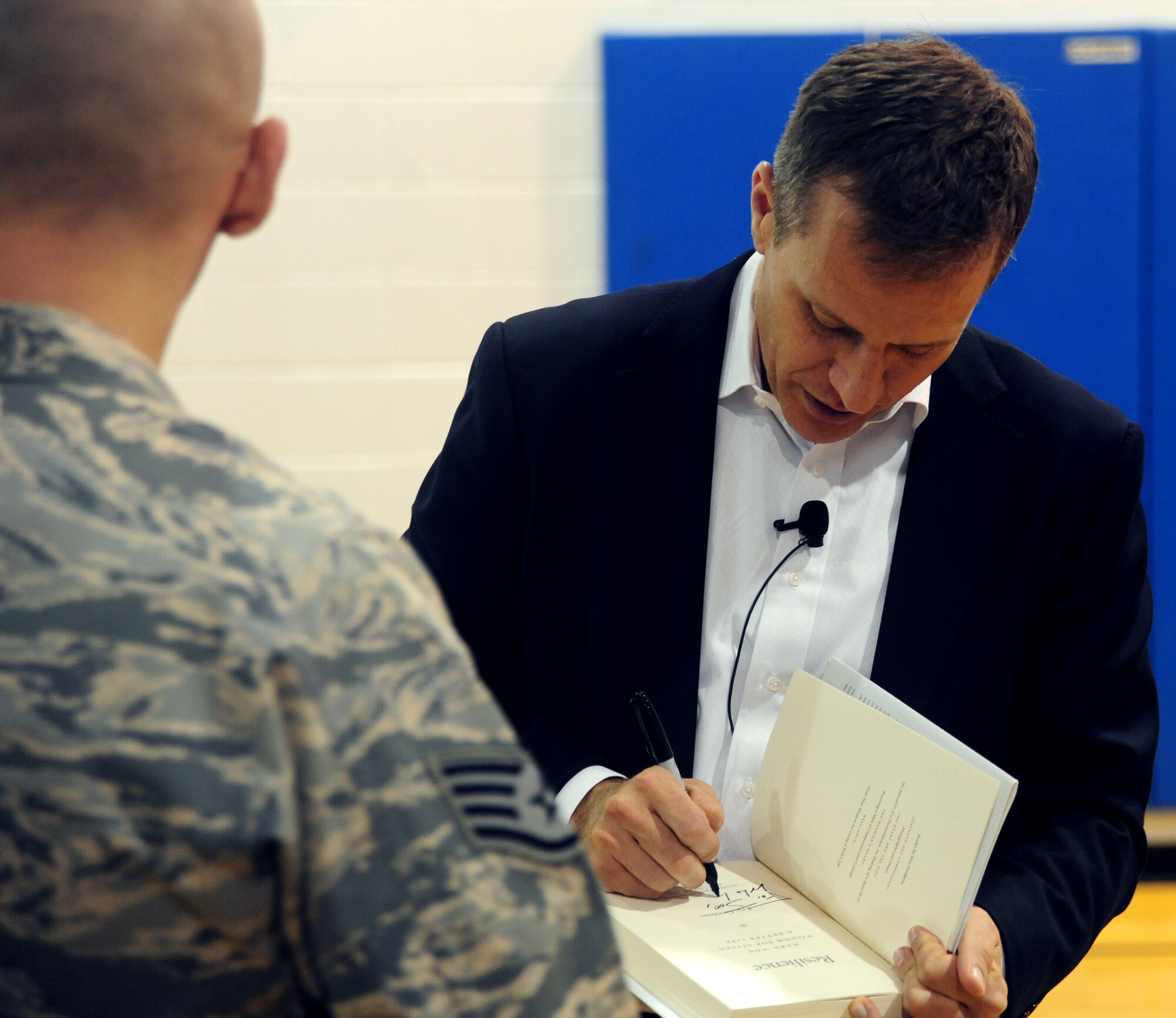 U.S. Navy veteran and chief executive officer of The Mission Continues Eric Greitens meets and greets members of Team Whiteman May 20, 2015. (U.S. Air Force photo by Airman 1st Class Jovan Banks/Released)