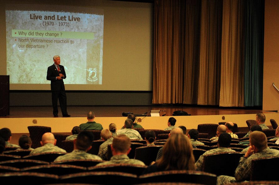 Barry Bridges, retired Air Force Vietnam veteran, shares his prisoner of war experiences on June, 23 2015, at Beale Air Force Base, California. Bridges survived six years of captivity at the “Hanoi Hilton” prison camp after his F-4 Phantom was shot down over North Vietnam.