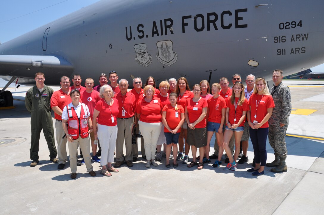 The American Red Cross key leaders and volunteers from across the Eastern North Carolina region visited the 916th Air Refueling Wing on 19 July 2015 to learn more about the refueling and aeromedical evacuation mission. 