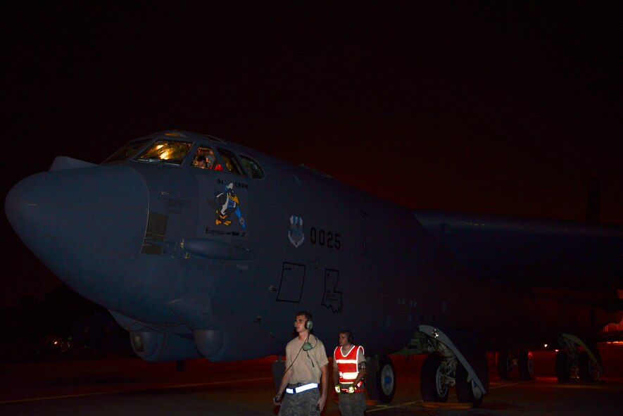 Maintenance Airmen prepare a B-52H Stratofortress for Exercise Northern Edge 2015 on Barksdale Air Force Base, La., June 22, 2015. With the B-52, the Air Force can travel long distances and maintain a constant presence in the air. (U.S. Air Force photo/Airman 1st Class Luke Hill)