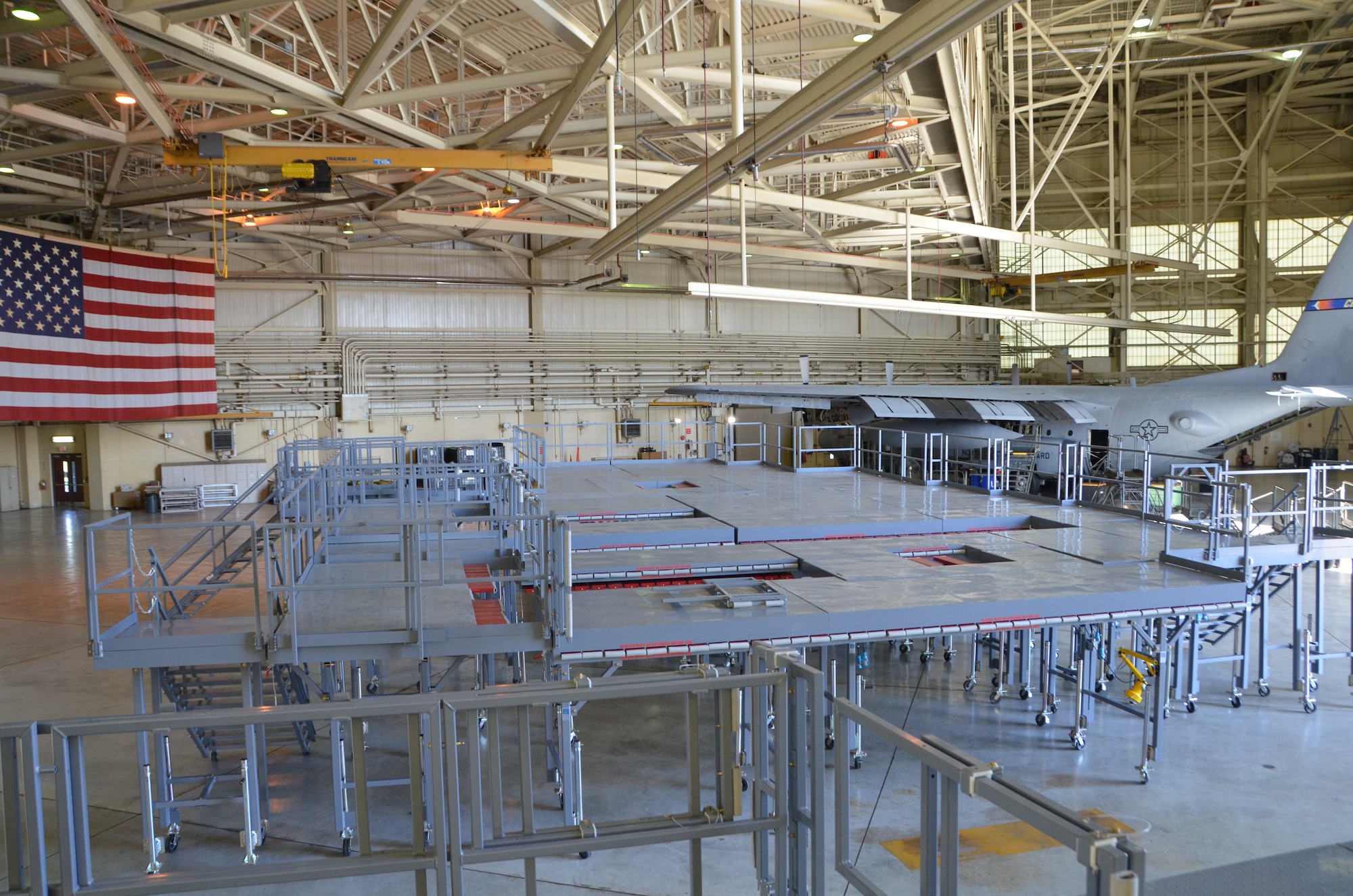The long awaited Isochronal Inspection (ISO) Aircraft Maintenance Platforms are prepositioned during assembly in a hanger at the 145th Maintenance Squadron, North Carolina Air National Guard Base, Charlotte Douglas International Airport; May 30, 2015. The new ISO stands provide maintainers quicker and safer access to all areas of the C-130 aircraft compared to the old stands. The huge surface area provides many options for maintainers to move and position themselves where they need to be. (U.S. Air National Guard photo by Master Sgt. Patricia F. Moran, 145th Public Affairs/Released)