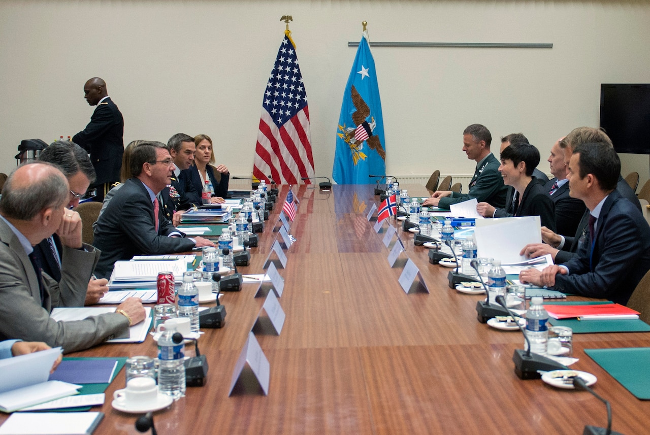 Defense Secretary Ash Carter meets with Norwegian Defense Minister Ine Eriksen Søreide at NATO Headquarters in Brussels, June 25, 2015. Carter was participating in his first NATO ministerial as defense secretary. DoD photo by Air Force Master Sgt. Adrian Cadiz
