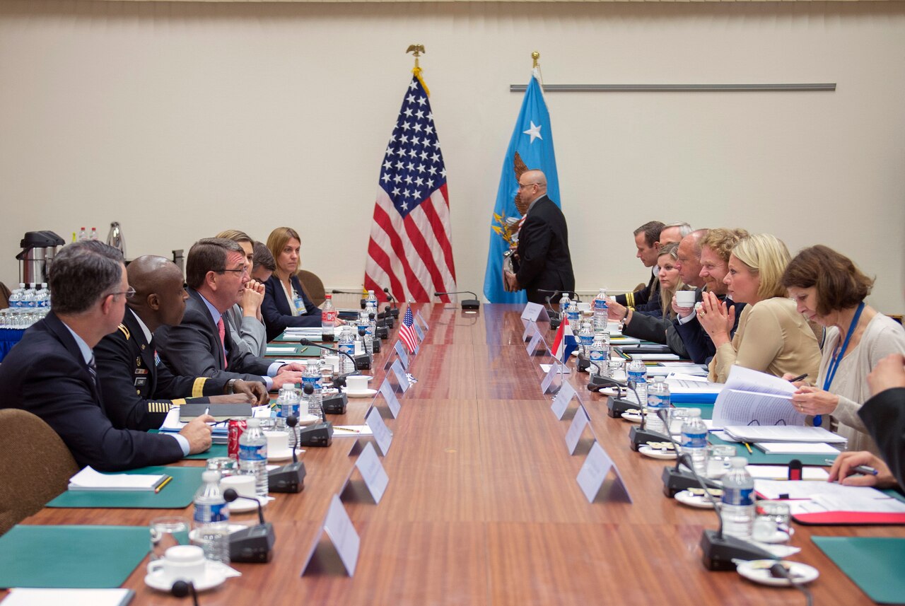 Defense Secretary Ash Carter meets with Dutch Defense Minister Jeanine Hennis-Plasschaert at NATO Headquarters in Brussels, June 25, 2015, during the NATO Defense Ministerial. This was Carter’s first NATO ministerial as defense secretary. DoD photo by U.S. Air Force Master Sgt. Adrian Cadiz