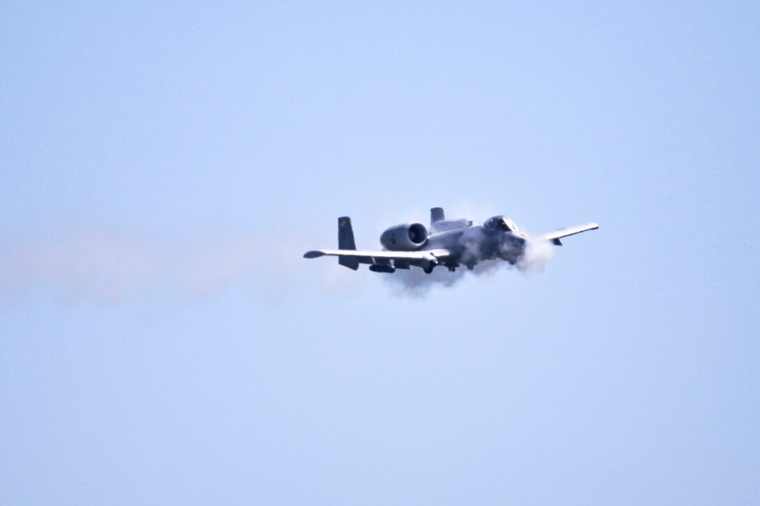 An A-10 Thunderbolt II performs a strafing run during a close air support exercise as part of Operation Morning Coffee at Warren Grove Gunnery Range, N.J., June 17, 2015. The pilot and aircraft are assigned to the Maryland Air National Guard's 175th Fighter Wing.