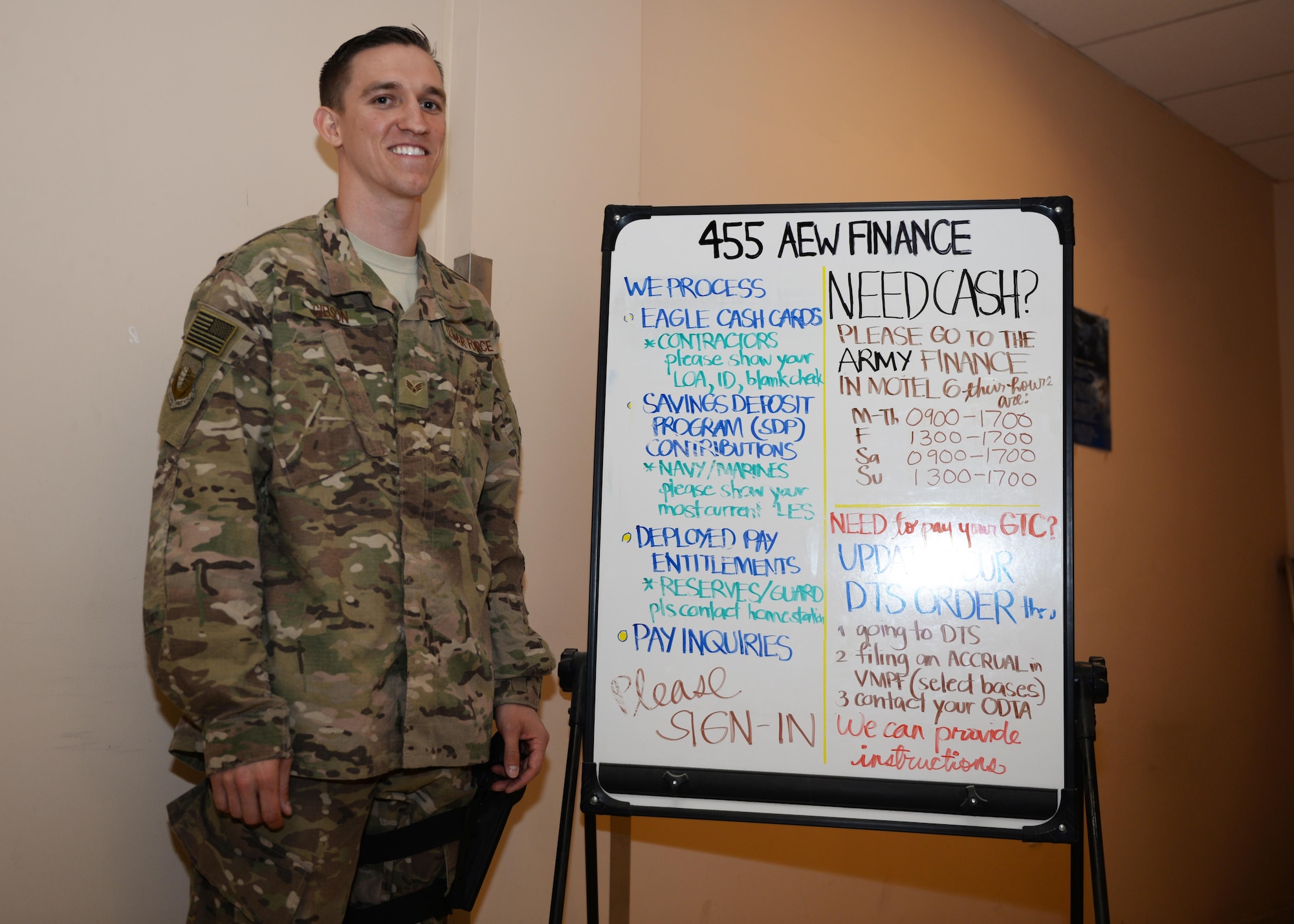 U.S. Air Force Senior Airman Corey Gibson, 455th Air Expeditionary Wing Finance Management customer service technician, poses for a photo June 24, 2015, at Bagram Airfield, Afghanistan. Gibson is the only finance customer service technician in Afghanistan and ensures all Bagram Active Duty, Reserve and Guard Airmen as well as U.S. civilian members are financially set during their deployment here. (U.S. Air Force photo by Senior Airman Corey Gibson/Released)