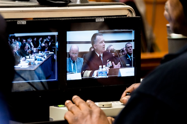 Vice Chairman of the Joint Chiefs of Staff Adm. James A. Winnefeld, Jr. testifies before the House Armed Services Committee during a hearing on Nuclear Deterrence in the 21st Century, in Washington, D.C., June 25, 2015. Adm. Winnefeld joined Deputy Secretary of Defense Robert O. Work and Deputy Secretary of Energy Elizabeth Sherwood-Randall as witnesses during the hearing on Capitol Hill.