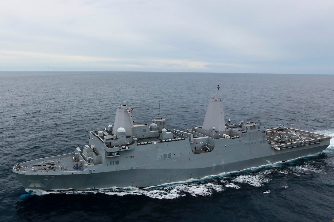 The USS Anchorage (LPD 23) cruises in the Indian Ocean, June 16, 2015. The Anchorage houses hundreds of Marines and Sailors training constantly to ensure they are prepared for any situation during their deployment. (U.S. Marine Corps photo by Sgt. Jamean Berry/Released)