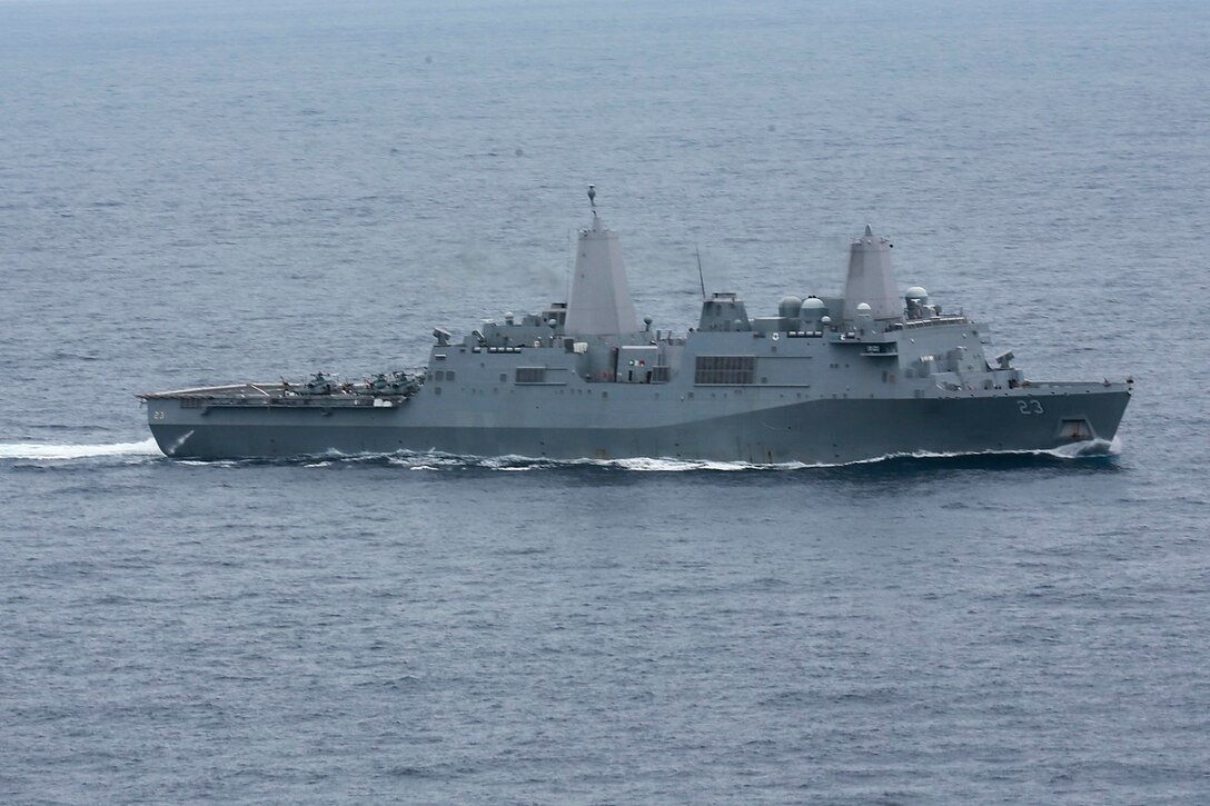 The USS Anchorage (LPD 23) cruises in the Indian Ocean, June 16, 2015. The Anchorage houses hundreds of Marines and Sailors training constantly to ensure they are prepared for any situation during their deployment. (U.S. Marine Corps photo by Sgt. Jamean Berry/Released)
