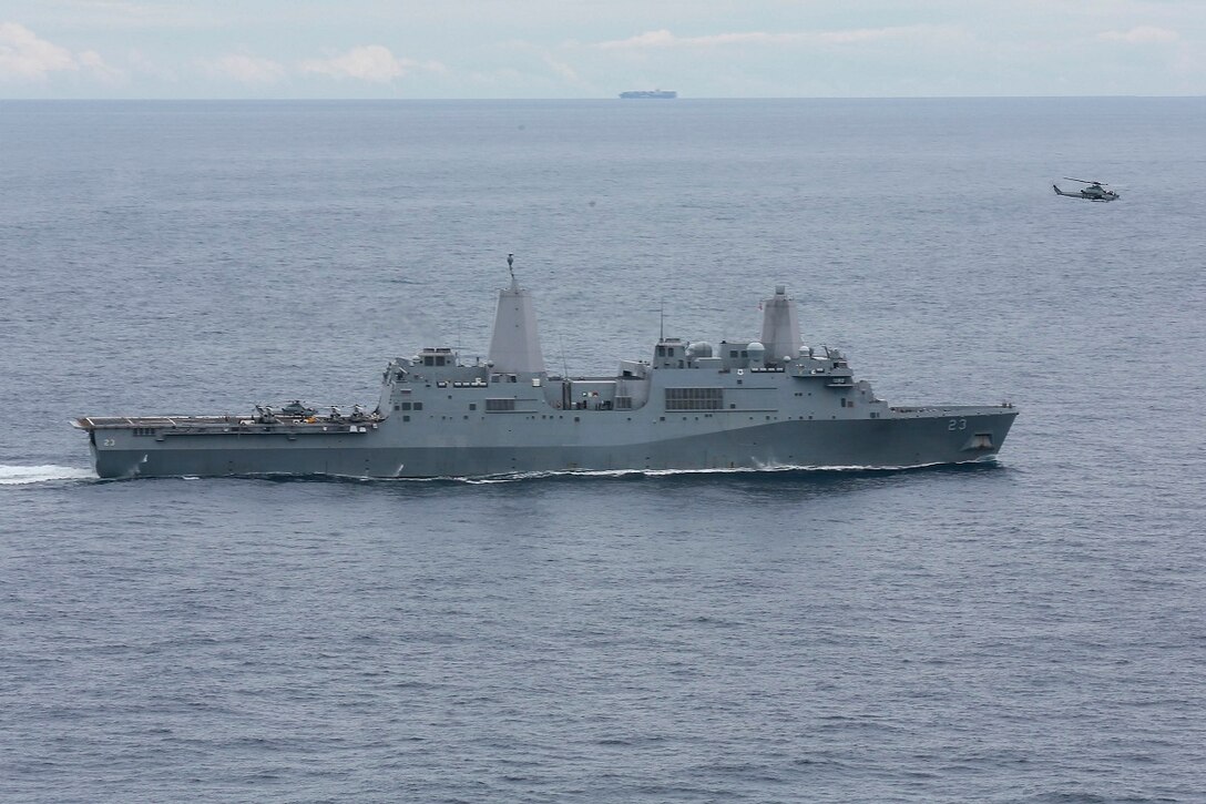 An AH-1Z Viper with Marine Medium Tiltrotor Squadron 161 (Reinforced), 15th Marine Expeditionary Unit, launches from the USS Anchorage (LPD 23) in the Indian Ocean, June 16, 2015.  The Anchorage houses hundreds of Marines and Sailors training constantly to ensure they are prepared for any situation during their deployment. (U.S. Marine Corps photo by Sgt. Jamean Berry/Released)