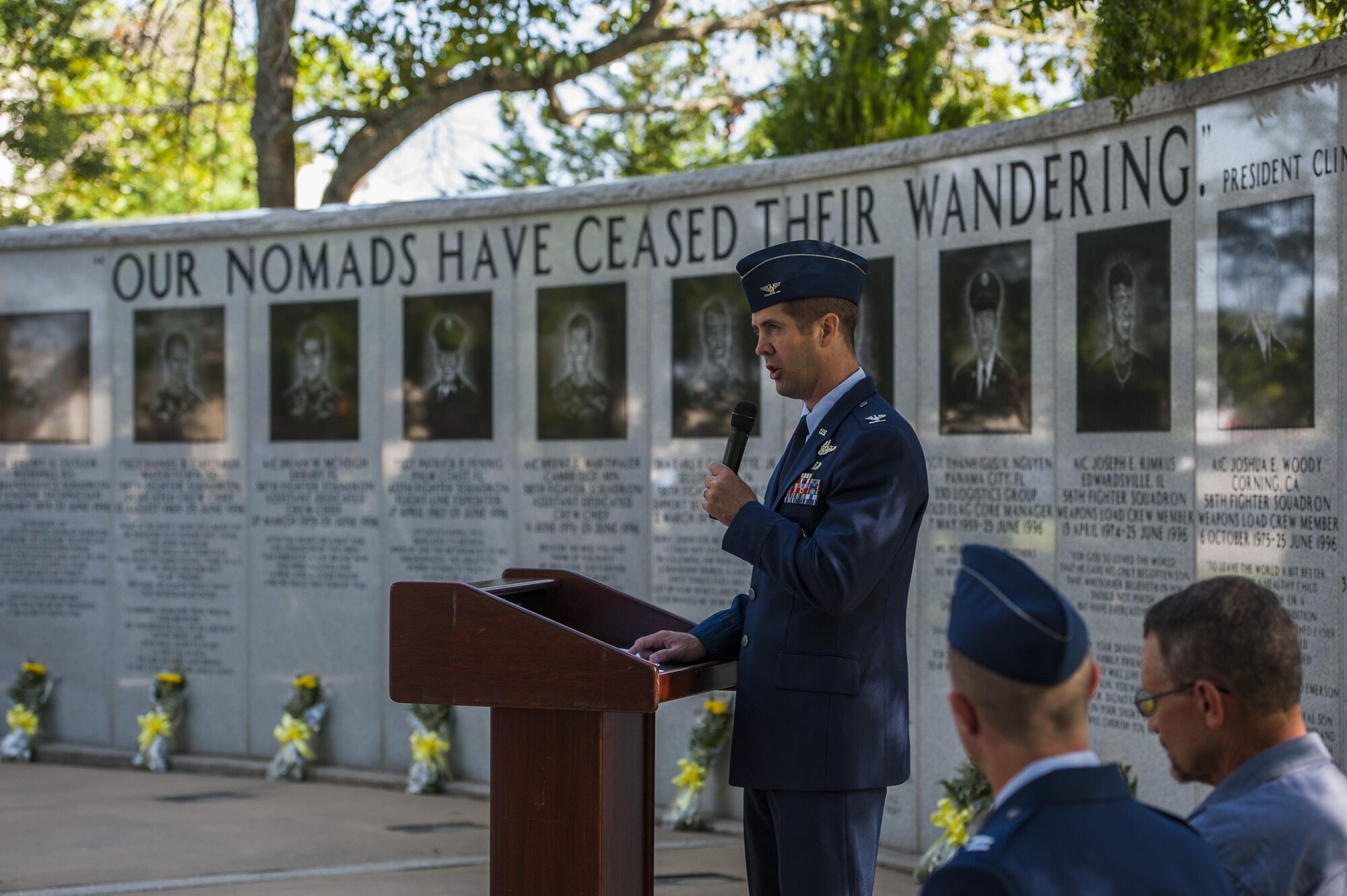Col. Lance Pilch, 33rd Fighter Wing commander, speaks during the 19th anniversary Khobar Tower memorial ceremony, June 25, 2015, on Eglin Air Force Base, Florida. On June 25, 1996, a truck-bomb was detonated adjacent to Khobar Tower in Dhahran, Saudi Arabia, that resulted in 400 injured U.S. and international military and civilian members. (U.S. Air Force photo/Staff Sgt. Marleah Robertson) 