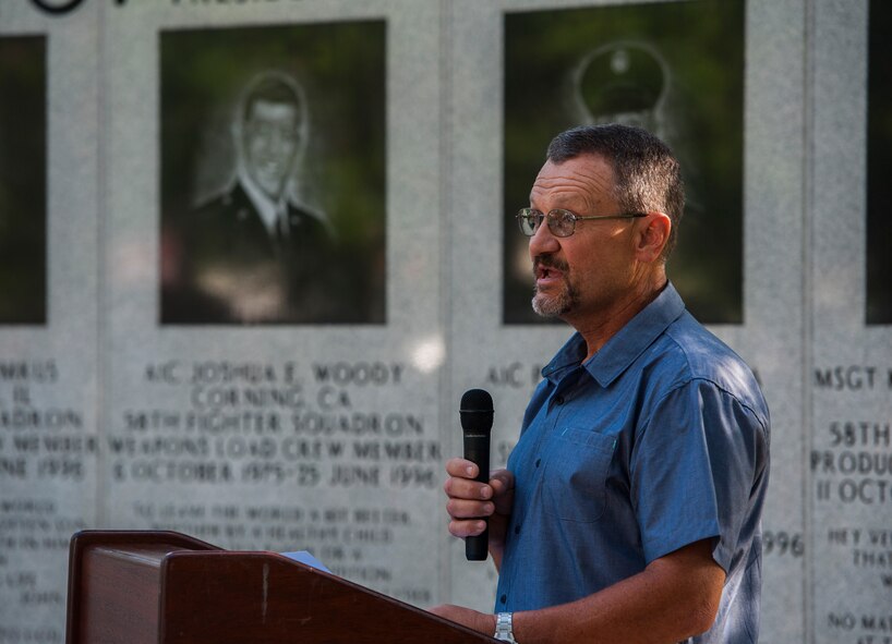 Tech. Sgt. (retired) David Westrup, 58th Fighter Squadron crew chief, addresses the audience as the guest speaker during the 19th anniversary Khobar Tower memorial ceremony, June 25, 2015, on Eglin Air Force Base, Florida. The 12 Nomads honored at the ceremony were members of the 58th Fighter Squadron, 60th Fighter Squadron, 33rd Logistics Group, 33rd Maintenance Squadron and the 33rd Operations Support Squadron. They represented a cross-section of the wing as crew chiefs, expeditors, weapons loaders, mechanics, production superintendents, program managers and technicians. The memorial here honoring the Nomads’ memory was dedicated a year after the tragedy. (U.S. Air Force photo/Staff Sgt. Marleah Robertson)
