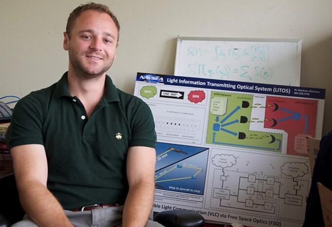 150617-N-LX636-004 PORT HUENEME, Calif. (June 17, 2015) Matt Sheehan, NSWC PHD R&D system engineer, was recently awarded a relatively rare, first action allowance, on a patent application for a Light Information Transmitting Optical System (LITOS), which will be integral in supporting cybersecurity initiatives. (U.S. Navy Photo by Tom Frazee/Released)