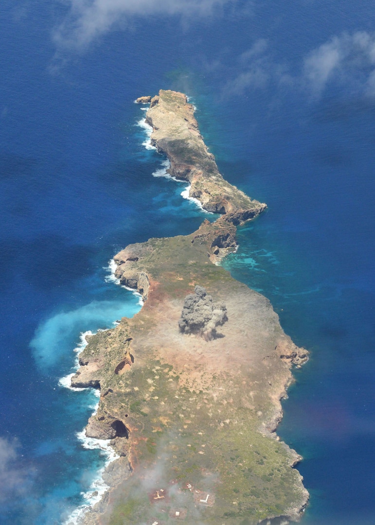 A M117 bomb detonates on an uninhabited island off the coast of Guam June 26, 2015. Airmen from the 20th Expeditionary Bomb Squadron, with the help of 36th Munitions Squadron Airmen, dropped the final M117 bomb in the Pacific Air Force’s inventory as part of a training mission to ensure the security and stability of the Indo-Asia Pacific region. (U.S. Air Force photo by Airman 1st Class Joshua Smoot/Released)