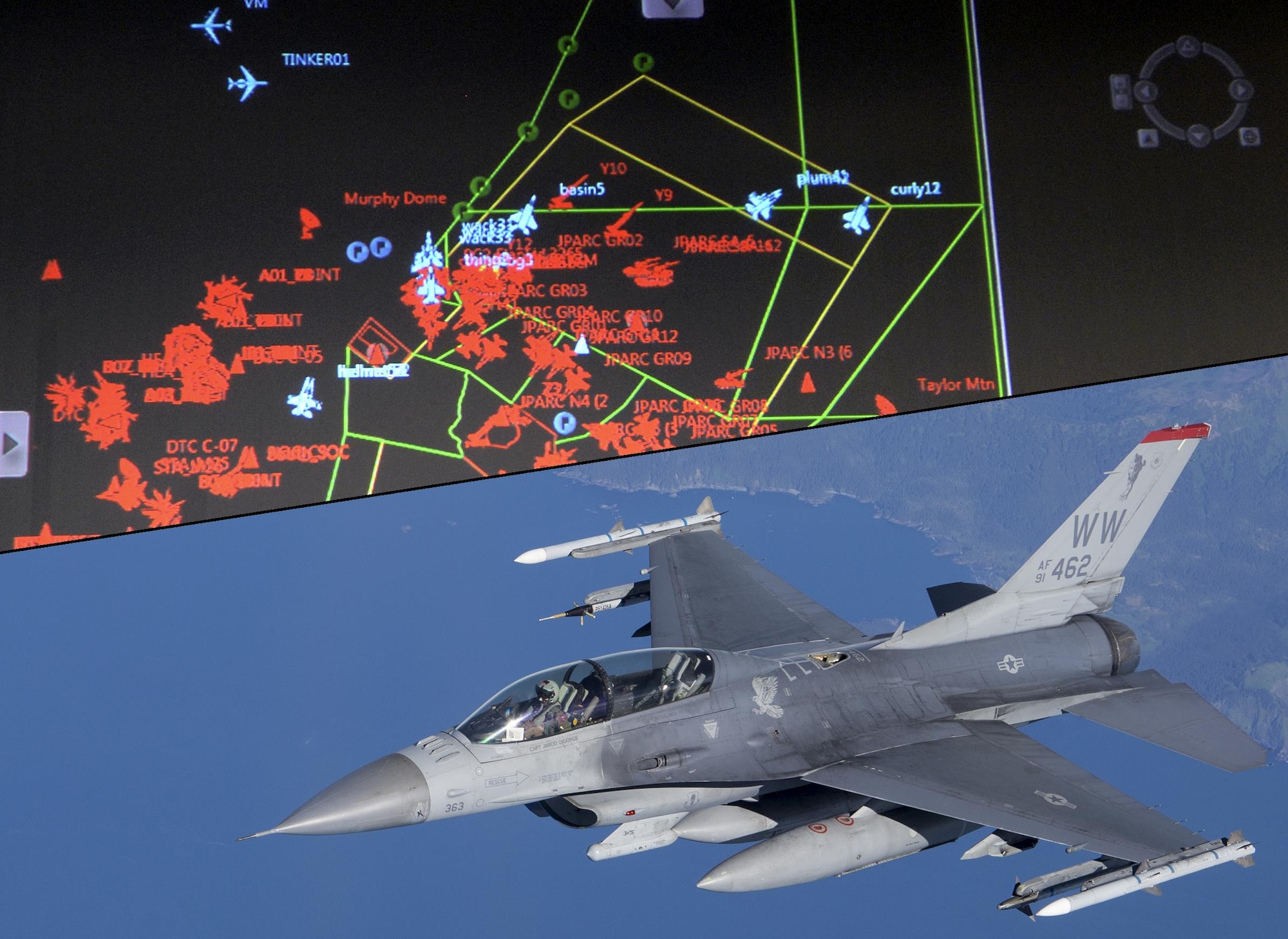 Live, virtual and constructive (LVC) participants from various U.S. military branches are tracked by the 353rd Combat Training Squadron as assets move into place in preparation for an Exercise Northern Edge scenario June 25, 2015. The LVC system enables live participants like this U.S. Air Force F-16 Fighting Falcon deployed to Alaska to directly engage and interact with virtual aviators operating from home station simulators, and contructive computer-generated forces to provide more robust training scenarios. Northern Edge 2015 is Alaska's premier joint training exercise designed to practice operations, tactics, techniques and procedures as well as enhance interoperability among thousands of Airmen, Soldiers, Sailors, Marines and Coast Guardsmen from active duty, reserve and National Guard units. (U.S. Air Force photo illustration by Master Sgt. Karen J. Tomasik/Released)