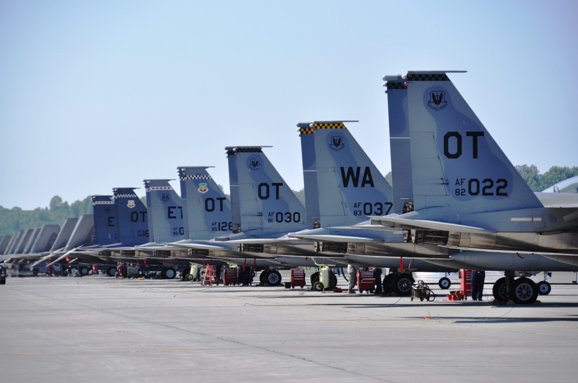Aircraft from test and evaluation squadrons across the Air Force line up on the Joint Base Elmendorf-Richardson, Alaska, flightline, June 24, 2015. Northern Edge is Alaska’s premier joint training exercise designed to practice operations, techniques and procedures as well as enhance interoperability among the services. Thousands of service members from active duty, Reserve and National Guard units are involved. (U.S. Air Force photo by Capt. Tania Bryan/Released)
