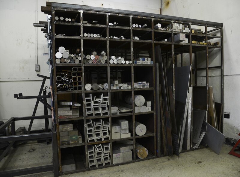 A variety of metal pieces are stored to be used for various products at Yokota Air Base, Japan, June 23, 2015. The metal technology shop works on 20 to 80 pieces of equipment each week. (U.S. Air Force photo by Senior Airman David Owsianka/Released)