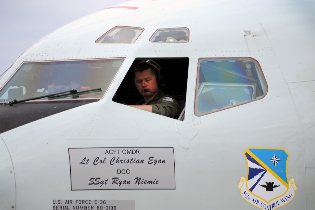 A pilot prepares a U.S. Air Force E-3G Airborne Warning and Control System aircraft to take off on a mission above the Joint Pacific Alaska Range Complex during Exercise Northern Edge June 25, 2015. Thousands of service members from all the branch services including active duty, Reserve and National Guard units participated. (U.S. Air Force photo by Staff Sgt. William Banton/Released)
