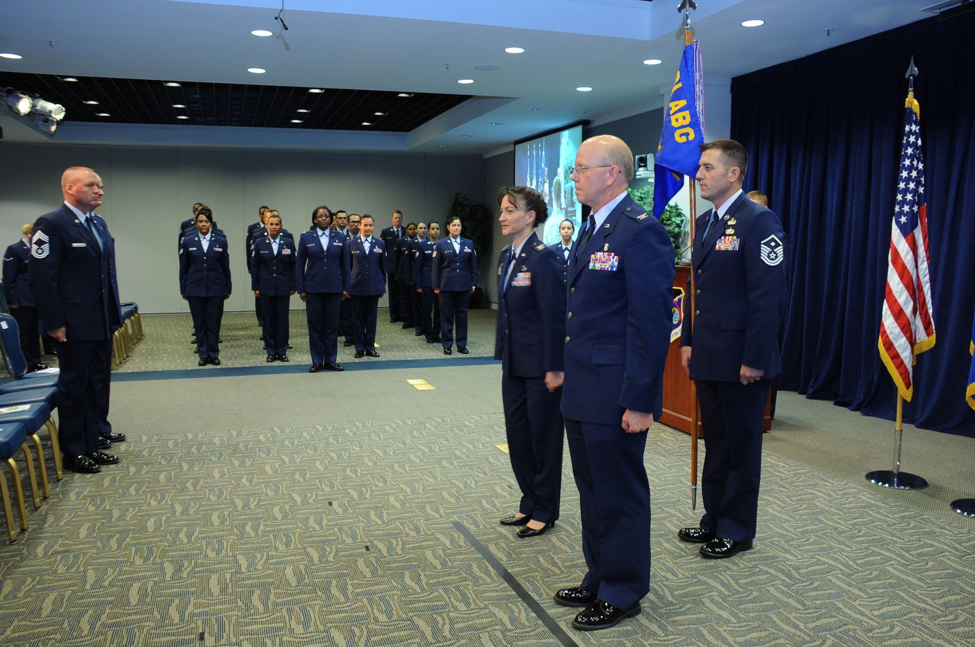 Col. Donna Turner, 61st Air Base Group commander presides over an Assumption of Command ceremony June 26 at the Gordon Conference Center for Col. (Dr.) Paul Hoerner, incoming commander of the 61st Medical Squadron at Air Force Space Command's Space and Missile Systems Center, Los Angeles Air Force Base in El Segundo, Calif. Hoerner is responsible for ensuring more than 1,200 active duty personnel assigned to SMC and LAAFB are medically fit and ready for contingency (natural disasters and wartime) operations. He commands a staff of 178 active duty, government civilians and contract medical staff providing care for more than 171,000 eligible patients across the greater Los Angeles metropolitan area. (U.S. Air Force photo/Van Ha)