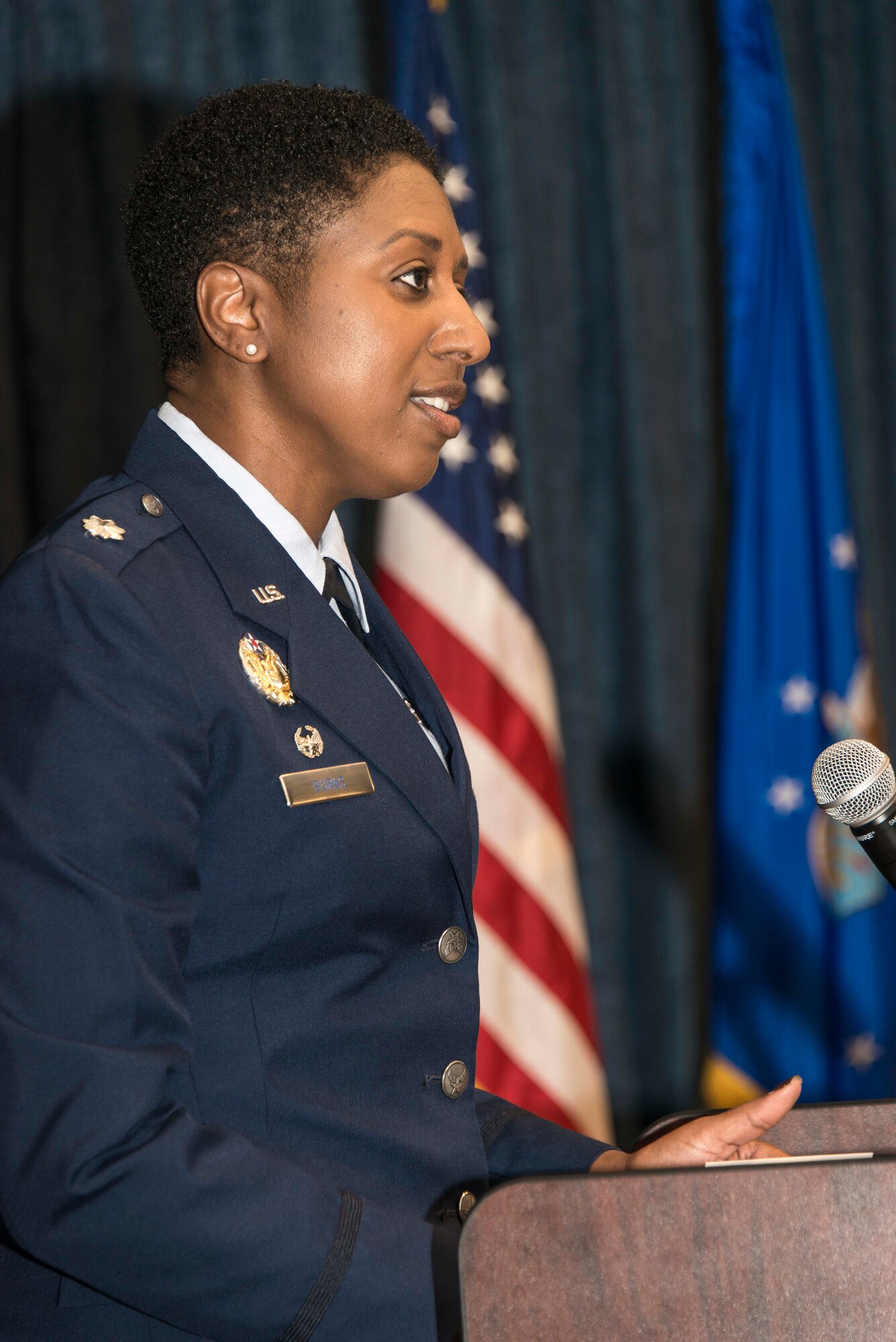 Lt. Col. Felicia Burks, 92nd Medical Support Squadron commander, explains her priorities and expectations over the next few years during the 92nd MDSS change of command ceremony June 26, 2015, at Fairchild Air Force Base, Wash. Burks comes to Fairchild after having served as the 673rd Medical Group rescue management flight commander at Joint Base Elmendorf-Richardson, Alaska. As the 92nd MDSS commander, she is responsible for planning, organizing and directing the activities of more than 300 medical professionals providing healthcare for 31,000 DOD beneficiaries. (U.S. Air Force photo/Staff Sgt. Benjamin W. Stratton)