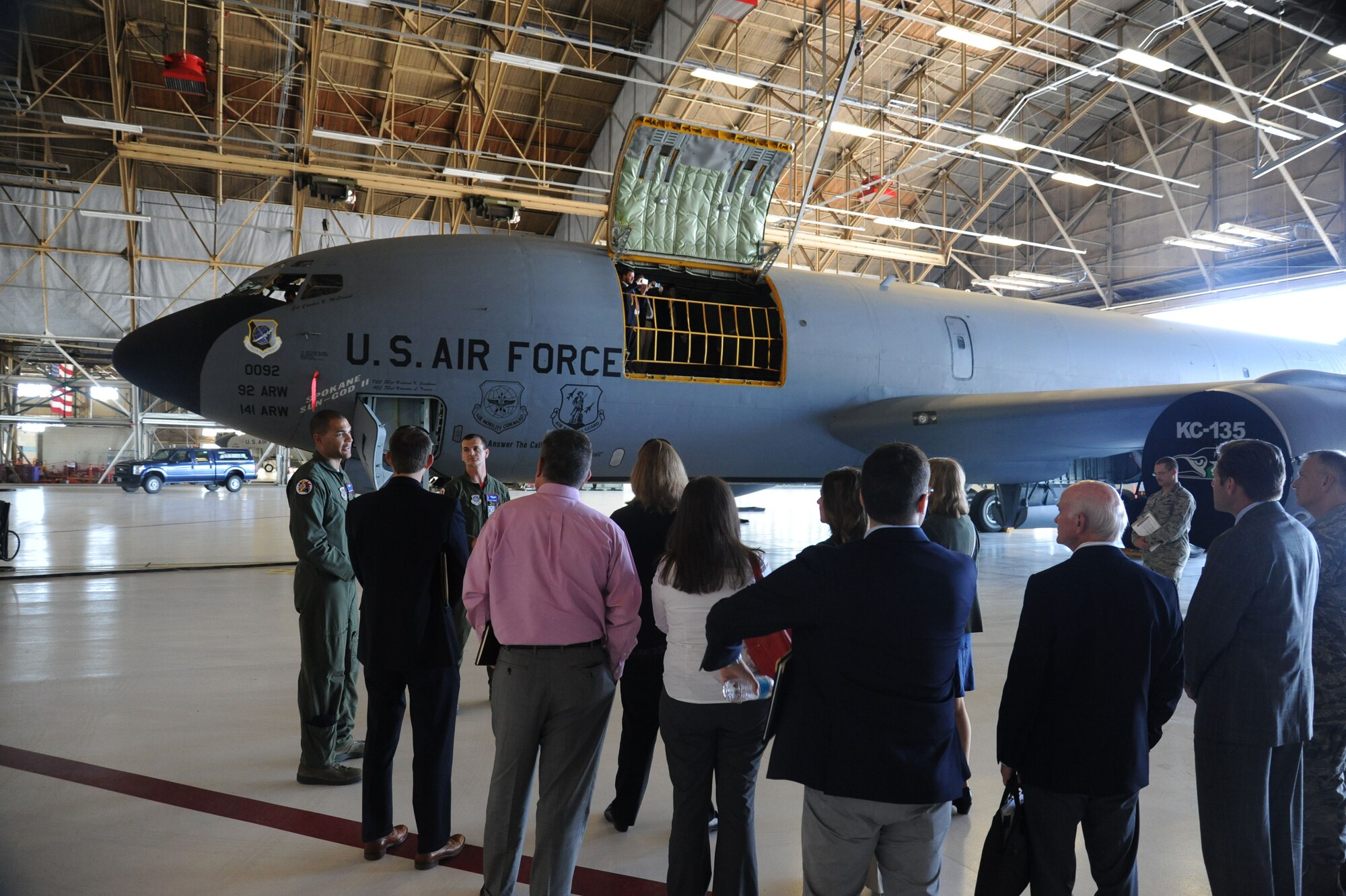 Airmen from the 93rd Air Refueling Squadron show a KC-135 Stratotanker to members of the Washington State Military Alliance June 26, 2015, at Fairchild Air Force Base, Wash. They toured the base to get an in-depth view of Fairchild missions. (U.S. Air Force photo/Senior Airman Sam Fogleman)