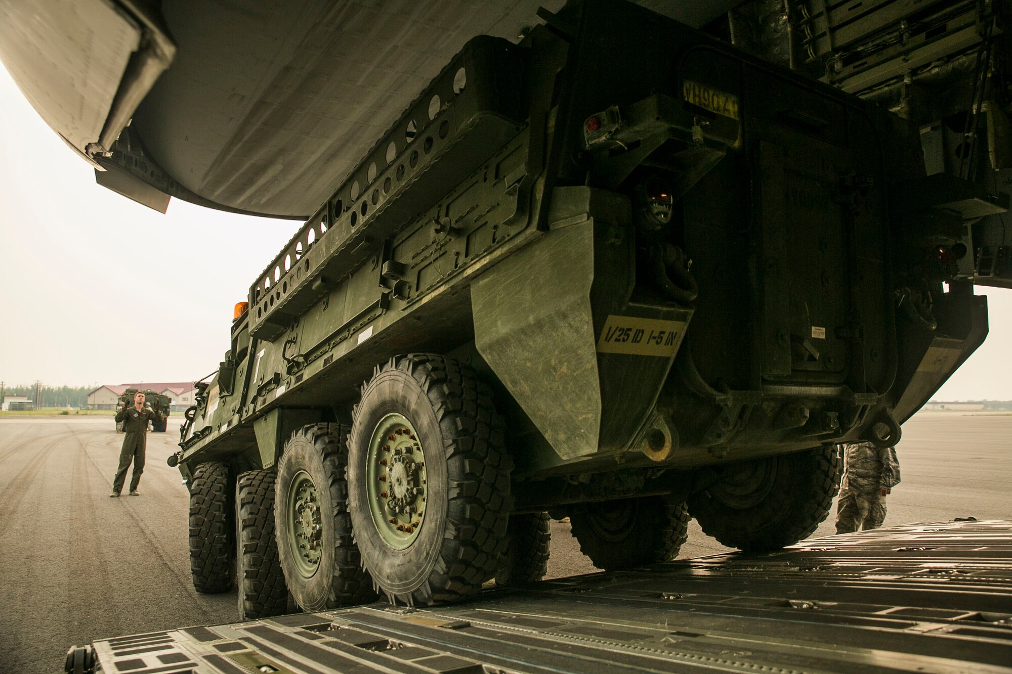 EIELSON AIR FORCE BASE, Alaska – A U.S. Army Stryker with Alpha Company, 1st Battalion, 5th Infantry Regiment, 1st Stryker Brigade Combat Team, 25th Infantry Division, loads onto a U.S. Air Force C-17 Globemaster III transport aircraft at Fort Wainwright, Alaska, as part of Exercise Northern Edge, June 23, 2015. Northern Edge 2015 is Alaska’s premier joint training exercise designed to practice operations, tactics, techniques and procedures as well as enhance interoperability among the services. Thousands of Airmen, Soldiers, Sailors, Marines and Coast Guardsmen from active duty, reserve and National Guard units are involved. (U.S. Marine Corps photo by Cpl. Tyler S. Giguere/Released)