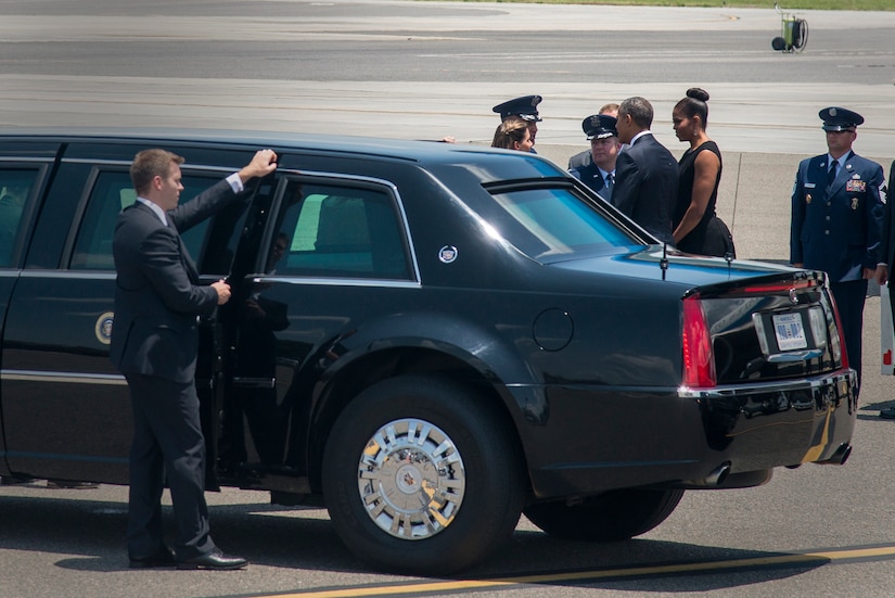 President Barack Obama and First Lady Michelle Obama greet Col. Jeffrey DeVore, Joint Base Charleston commander, and Col. John Lamontagne, 437th Airlift Wing commander and his wife Becky, June 26, 2015 at JB Charleston, S.C. The President and First Lady attended the funeral services of Rev. Clementa Pinckney at the College of Charleston TD Arena, where President Obama delivered the eulogy. Vice President Joe Biden and Dr. Jill Biden also attended. Reverend Pinckney was one of nine people fatally shot June 17, 2015 week during a Bible study at Emanuel AME Church in Downtown Charleston.(U.S. Air Force photo/Senior Airman George Goslin)