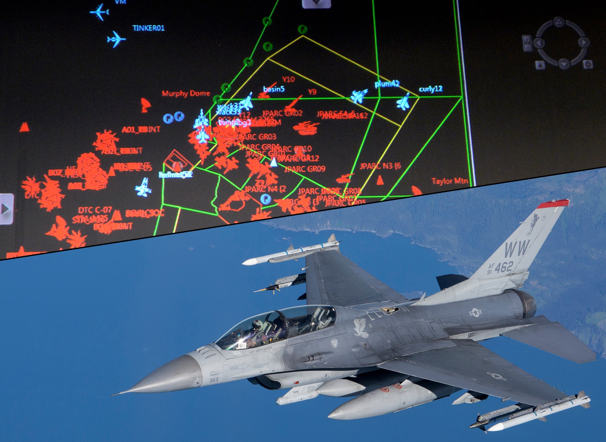 EIELSON AIR FORCE BASE, Alaska - Live, virtual and constructive (LVC) participants from various U.S. military branches are tracked by the 353rd Combat Training Squadron as assets move into place in preparation for an Exercise Northern Edge scenario June 25, 2015. The LVC system enables live participants like this U.S. Air Force F-16 Fighting Falcon deployed to Alaska to directly engage and interact with virtual aviators operating from home station simulators, and constructive computer-generated forces to provide more robust training scenarios. Northern Edge 2015 is Alaska's premier joint training exercise designed to practice operations, tactics, techniques and procedures as well as enhance interoperability among thousands of Airmen, Soldiers, Sailors, Marines and Coast Guardsmen from active-duty, Reserve and National Guard units. (U.S. Air Force photo illustration by Master Sgt. Karen J. Tomasik/Released)