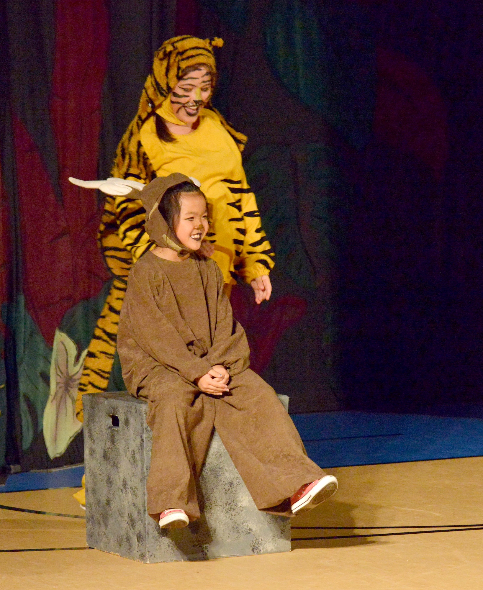 Katelyn Mollahn, left,and Lindsay Kawane exchange dialog during the Youth Center
production of “The Jungle Book." About 35 kids participated in the production, put on by Missoula Children's Theater. (Photo by Jamie Burnett)