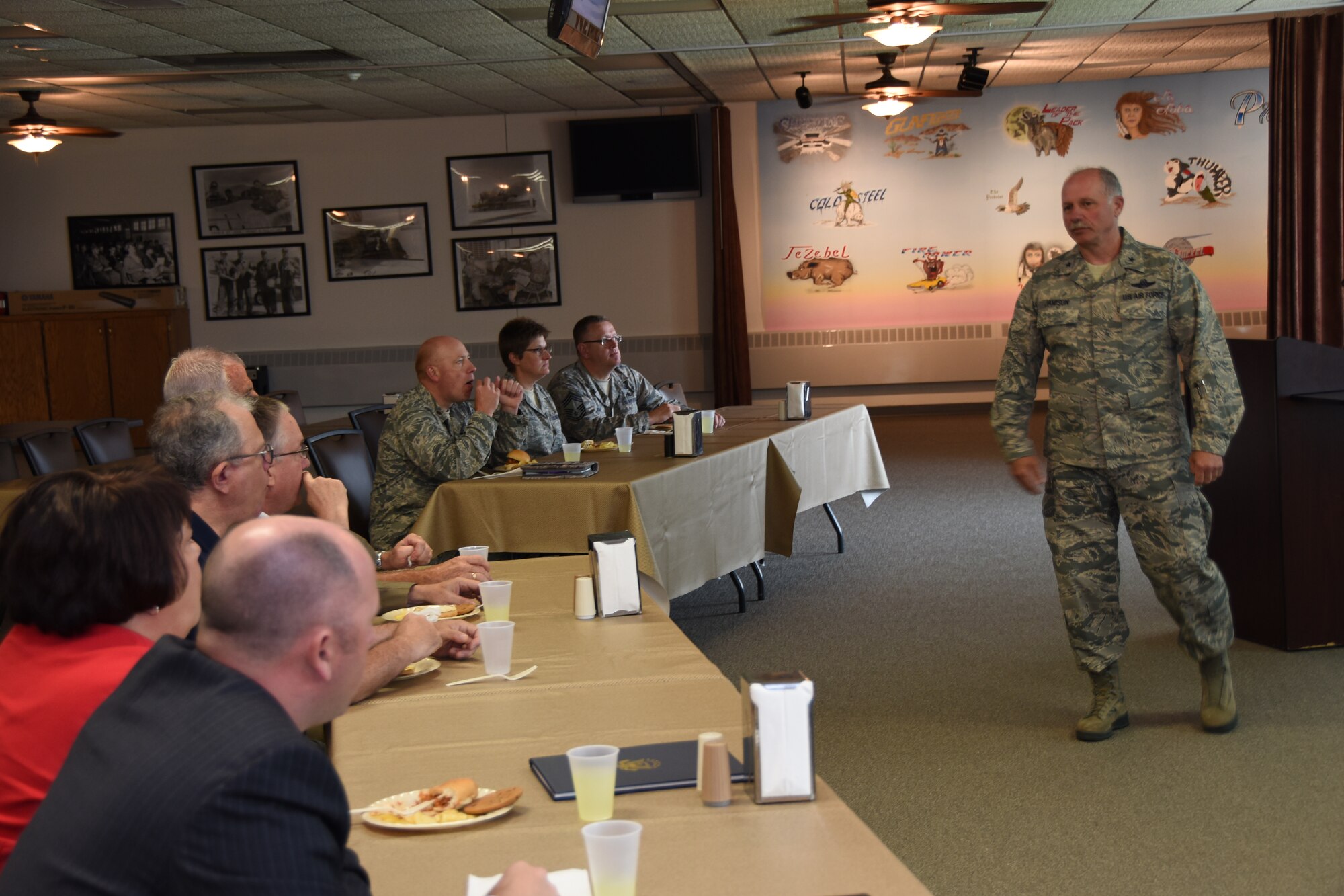 Brig. Gen. Matthew Jamison, South Dakota National Guard’s assistant adjutant general for air, briefs members and guests of the Air Force Association about the future of the 114th Fighter Wing at Joe Foss Field, S.D., June 25, 2015. Air Combat Command’s goal is to field the F-35 aircraft at locations now hosting fighters and in squadron sizes closely matching those of the legacy units to minimize the cost of conversion. (National Guard photo by Staff Sgt. Luke Olson/Released)