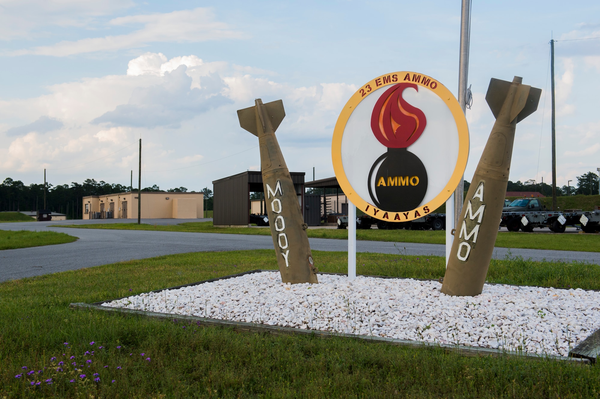 The 23d Equipment Maintenance Squadron Munitions Flight sign rests on display May 6, 2015, at Moody Air Force Base, Ga. Munitions crew members and chiefs prepare all training and explosive ordnance bombs for each Moody aircraft. (U.S. Air Force photo by Airman 1st Class Dillian Bamman/Released)