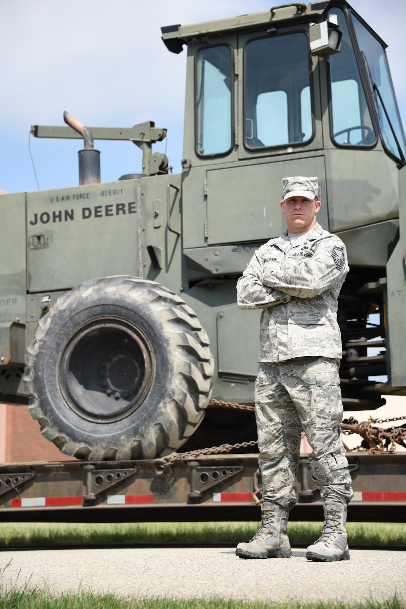 Senior Master Sergeant Dennis Jendrzejewski, flight chief of air traffic operations center with the 32nd Aerial Port Squadron, poses in front of a forklift June 07, 2015 at Pittsburgh International Airport Air Reserve Station. Jendrzejewski represents 32nd Aerial Port Squadron in this month’s Airmen of the Burgh. (U.S. Air Force photo by Staff Sergeant Justyne Obeldobel)