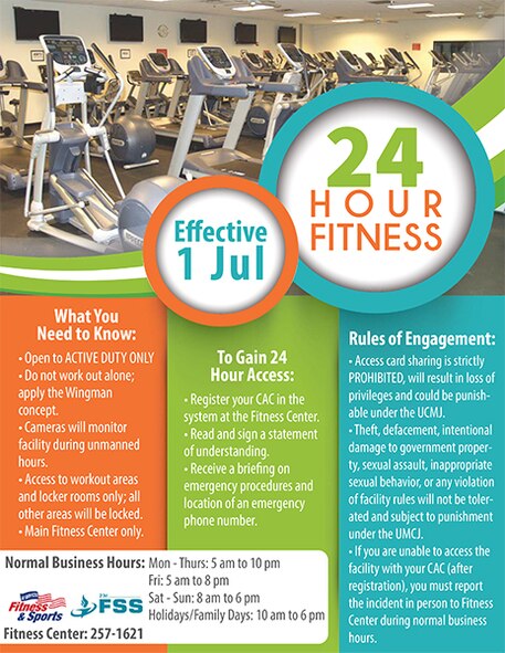 The Freedom 1 Fitness Center opens 24/7 for active-duty Airmen July 1, 2015, at Moody Air Force Base, Ga. Airmen may register their Common Access Card at the fitness center to attain entry to the gym after normal business hours. (Courtesy Photo/Released)