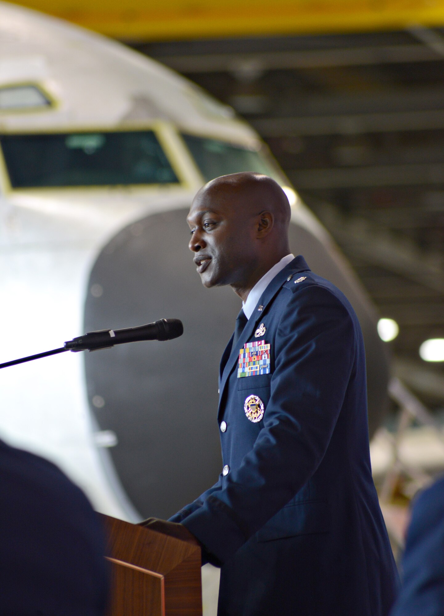 Lt. Col. Kenyon Bell speaks June 17 after taking command of the 76th Aircraft Maintenance Group. (Air Force photo by Kelly White/Released)