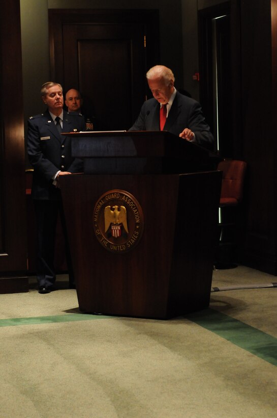 Vice President Joe Biden delivers a speech at Col. Lindsey Graham’s retirement ceremony held at the National Guard Memorial Museum, June 24. Graham retired from the U.S. Air Force Reserve after serving over three decades in the Air Force. (U.S. Air National Guard photo by Senior Airman Jennifer Stone)