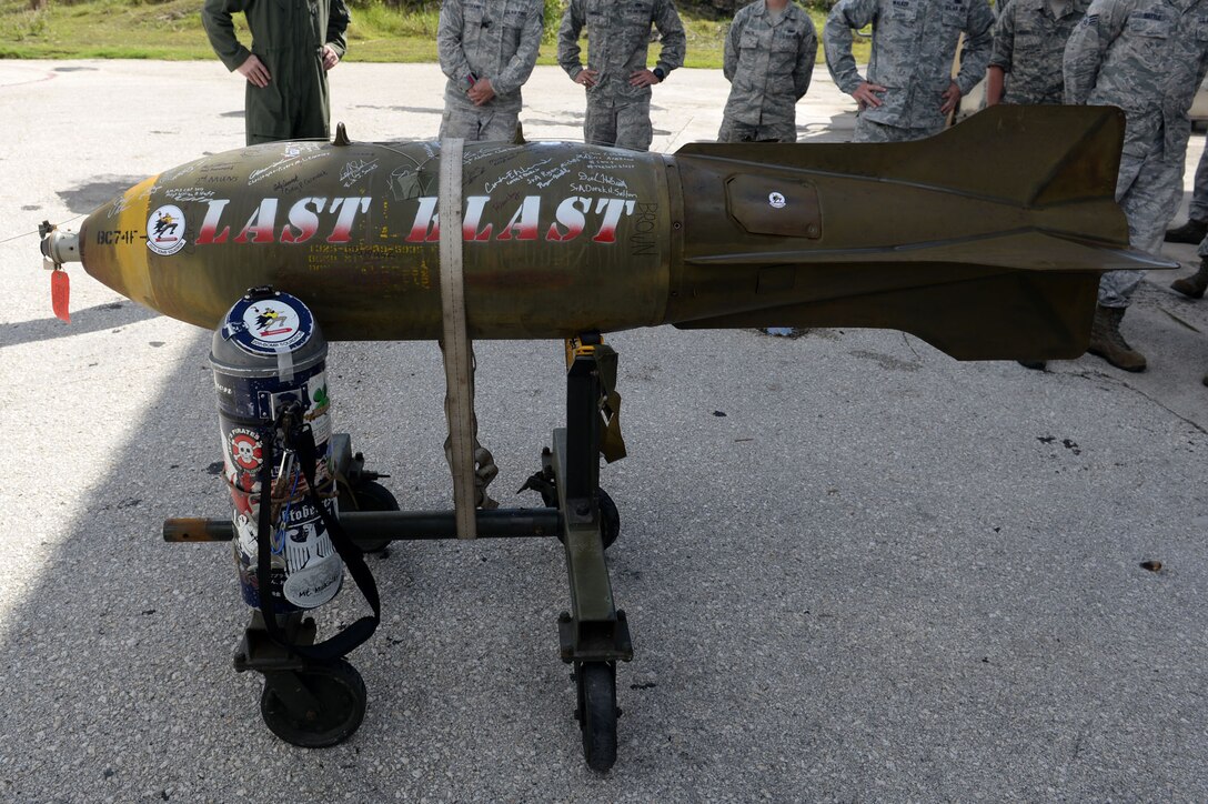 On June 26, 2015, 20th Expeditionary Bomb Squadron Airmen, dropped the final M117 bomb in the Pacific Air Force’s inventory. Dropping the final M117 in PACAF is a small part of U.S. Pacific Command’s Continuous Bomber Presence which was established at Andersen in 2004. U.S. Pacific Command’s CBP demonstrates the United States' commitment to the security and stability of the Indo-Asia Pacific region. (U.S. Air Force photo by Airman 1st Class Joshua Smoot/Released)