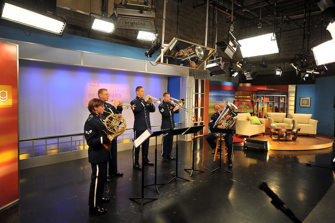 The U.S. Air Force Heartland of America Band’s Offutt Brass ensemble performs on KMTV’s Morning Blend show June 25 at KMTV’s studio in Omaha, Nebraska.  The band’s largest ensemble, “Vortex,” will perform free concerts June 27 at 7:30 p.m. at the Entertainment Plaza in Plattsmouth, Nebraska and July 3 at 7:30 p.m. at the Sumtur Amphitheater in Papillion, Nebraska. (U.S. Air Force photo by Josh Plueger/Released)