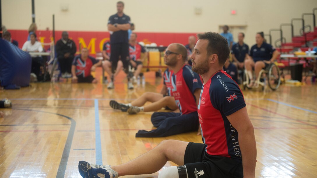 Team British Armed Forces Joseph Humprey participates in the 2015 Department of Defense (DoD) Warrior Games sitting volleyball at Marine Corps Base Quantico, Virginia, June 19-28, 2015. The Warrior Games, founded in 2010, is a Paralympic-style competition that features eight adaptive sports for wounded, ill, and injured service members and veterans from the U.S. Army, Marine Corp, Navy/Coast Guard, Air Force, Special Operations Command, and the British Armed Forces. This year marks the first time the DoD takes responsibility for operational planning and coordination of the event, in which approximately 250 athletes are expected to compete.