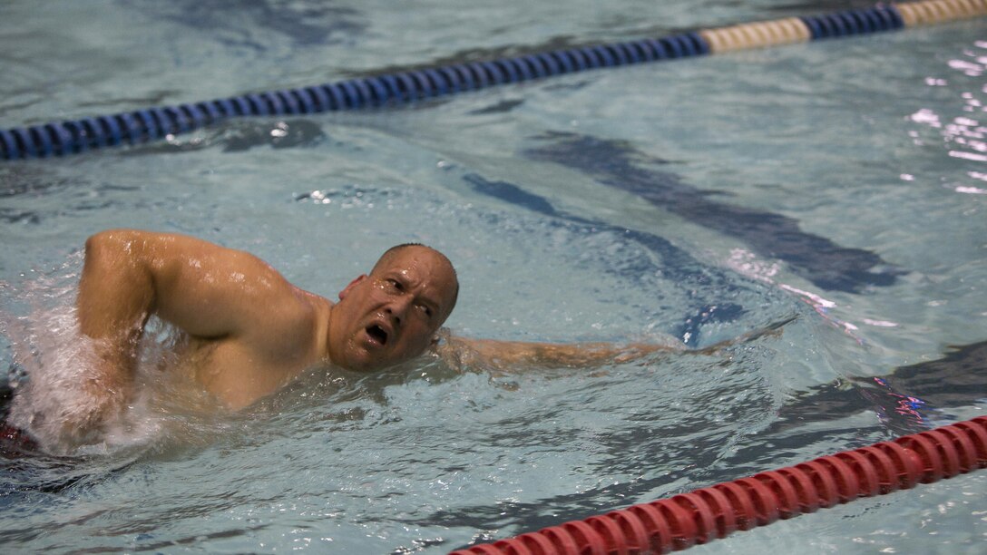 U.S. Marine Corps veteran Chuck Sketch competes in the swimming competition at the Freedom Aquatic and Fitness Center in Manassas, Virginia, June 27, 2015. Sketch is a member of the 2015 DoD Warrior Games All-Marine Team. The 2015 DoD Warrior Games, held at Marine Corps Base Quantico June 19-28, is an adaptive sports competition for wounded, ill, and injured Service members and veterans from the U.S. Army, Marine Corps, Navy, Air Force, Special Operations Command, and the British Armed Forces.
