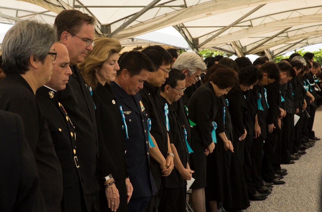 A minute-long moment of silence was observed at noon on June 23, to honor fallen men and women of the Battle of Okinawa. The ceremony at the Okinawa Memorial Peace Park was held on the 70th anniversary of the end of the battle and brought approximately 5,400 people from Okinawa and other prefectures. Honored guests included Prime Minister of Japan, Shinzo Abe; Governor of Okinawa Prefecture, Takeshi Onaga; U.S. Ambassador to Japan, Caroline Kennedy; U.S. Consul General, Alfred R. Magelby; Deputy Commanding General United States Forces Japan, Brig. Gen. Mark R. Wise; and the Commanding General of Marine Corps Installations Pacific, Brig. Gen. Joaquin F. Malavet among others. Abe and Onaga also gave speaches expressing their grief and sorrow over the nearly 200,000 lives lost during the battle.